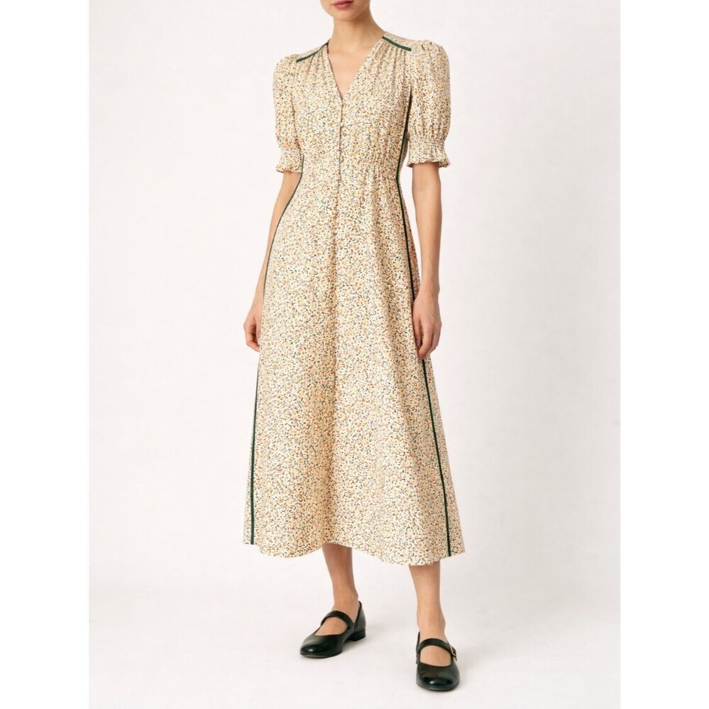 ME+EM Printed Midi Dress UK 6 US 2 Puff Sleeve Button Front Retro Yellow Floral